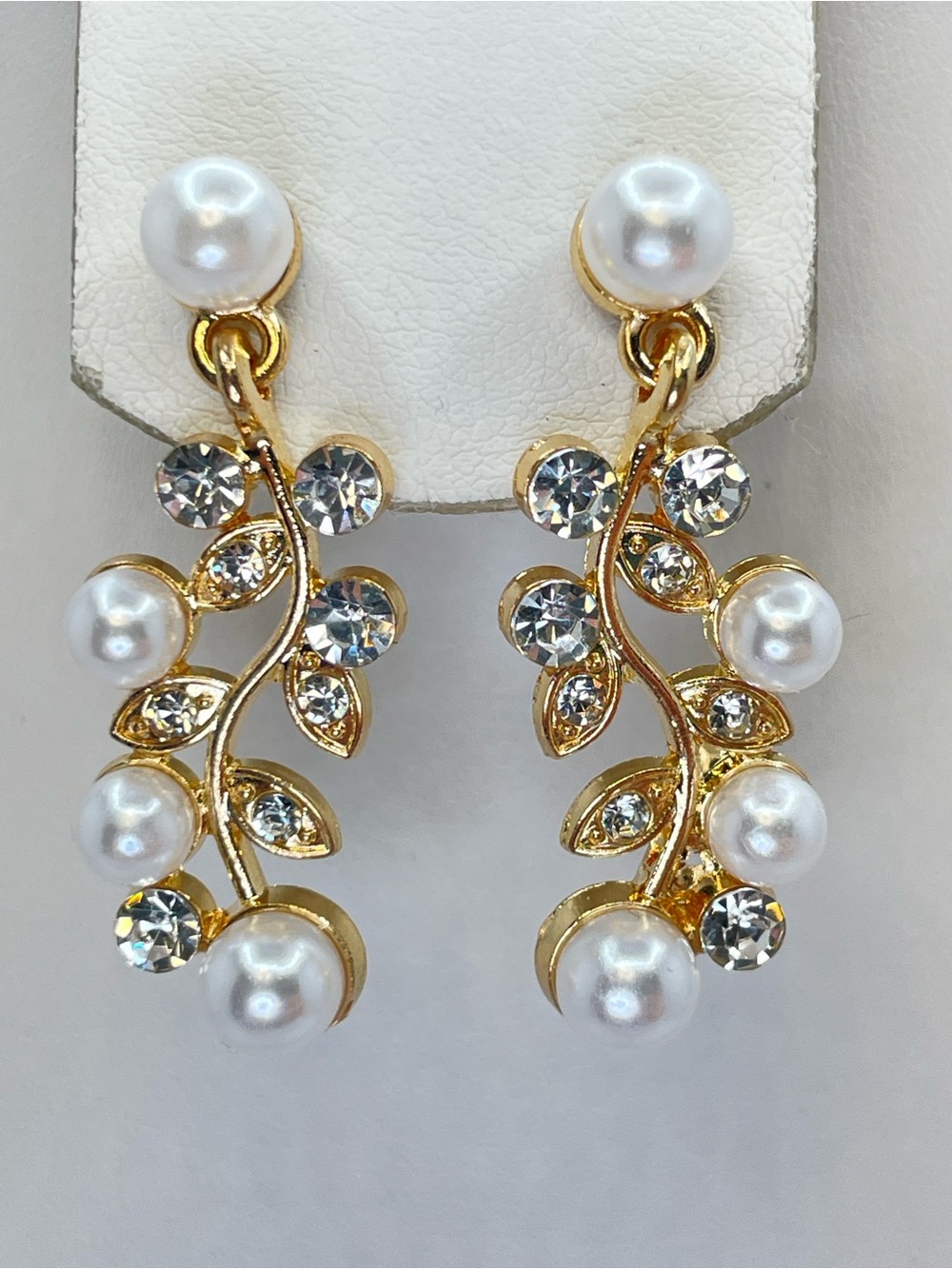 Gold Faux Pearl Diamond White Crystal Vine Dangle Earrings Elegant Bridal Glam